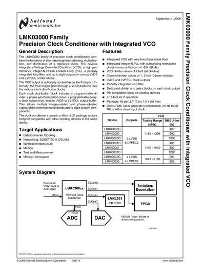 National Semiconductor LMK03000 Precision Clock Conditioner with Integrated VCO Datasheet - cover page