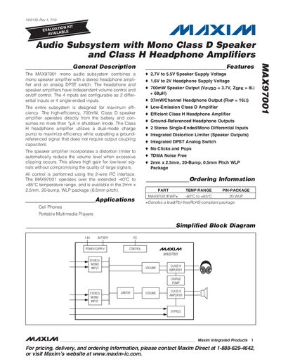 Maxim MAX97001 Audio Subsystem with Mono Class D Speaker and Class H Headphone Amplifiers Datasheet - cover page