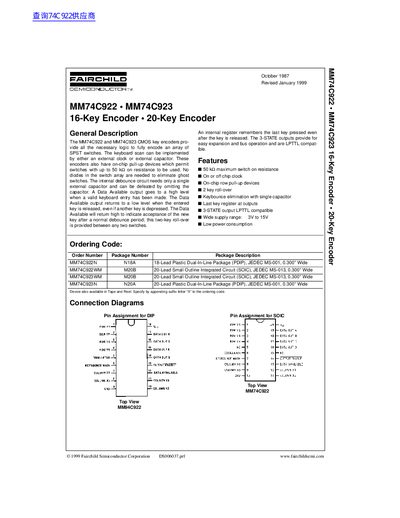 Fairchild Semiconductor MM74C922/MM74C923 16-Key/20-Key Encoder Datasheet - cover page