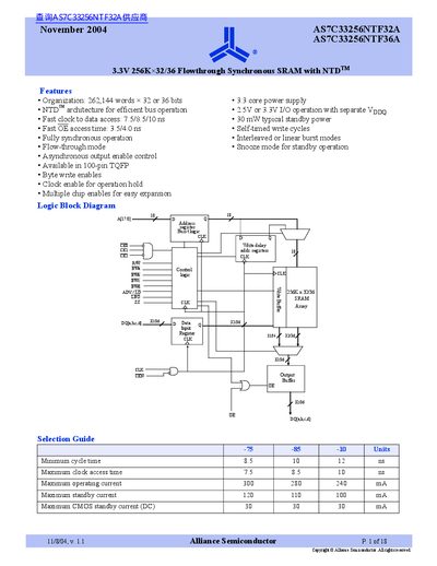 Alliance Semiconductor AS7C33256NTF32A/AS7C33256NTF36A 3.3V 256K×32/36 Flowthrough Synchronous SRAM Datasheet - cover page