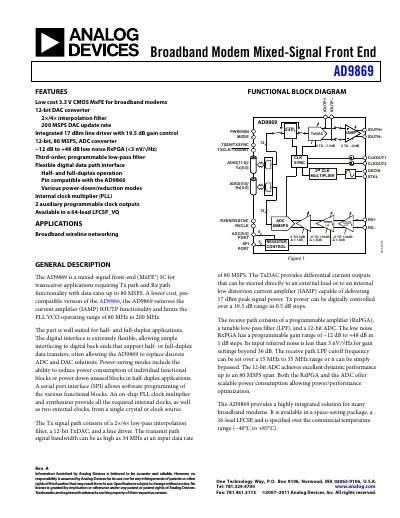 Analog Devices AD9869 Product Data Sheet