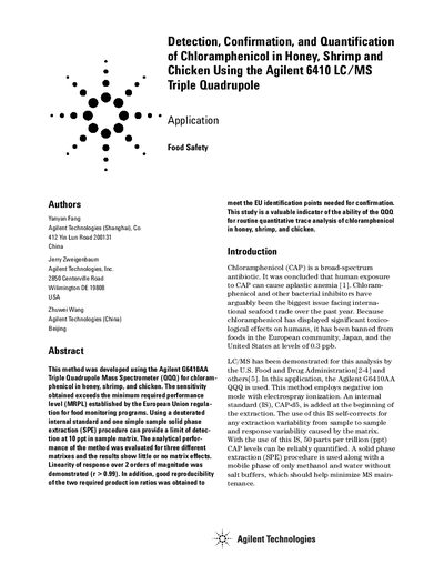 Agilent G6410AA LC/MS Application Note: Chloramphenicol Analysis in Food - cover page