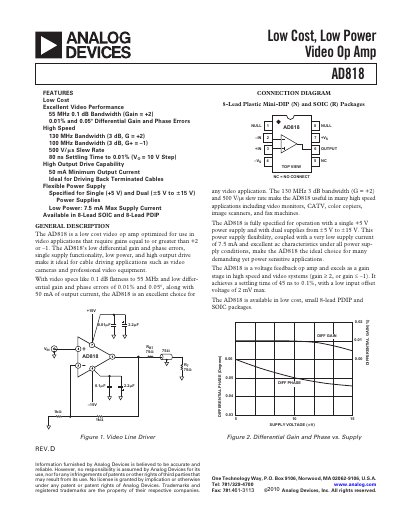 Analog Devices AD818 Video Op Amp Datasheet - cover page