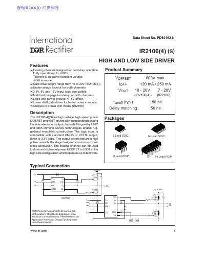 International Rectifier IR2106(4)(S) High and Low Side Driver Datasheet - cover page