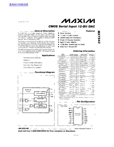 Maxim MX7543 CMOS Serial Input 12‑Bit DAC Datasheet - cover page