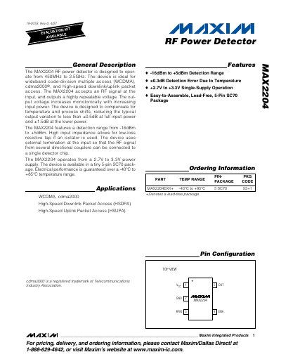 Maxim MAX2204 RF Power Detector Datasheet - cover page