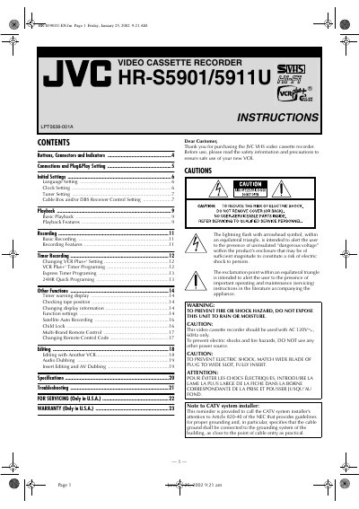 JVC HR-S5901/5911U Video Cassette Recorder User Manual - cover page