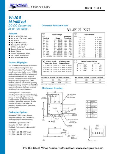 VICIR VI-J00 MiniMod DC-DC Converters 25 to 100 Watts - cover page