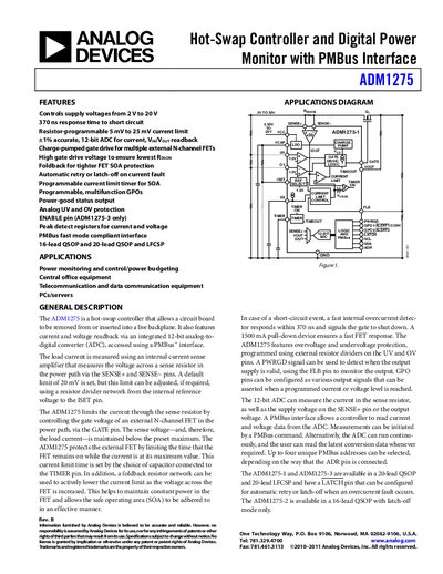 Analog Devices ADM1275 Hot-Swap Controller and Digital Power Monitor Datasheet - cover page