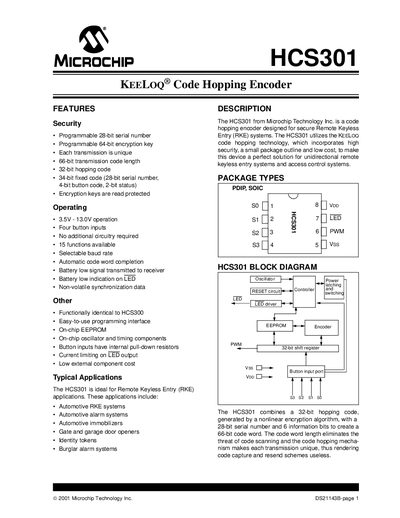 Microchip HCS301 KEELOQ Code Hopping Encoder Datasheet - cover page