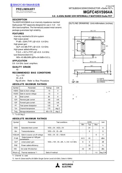 Mitsubishi Electric MGFC45V5964A GaAs FET Datasheet