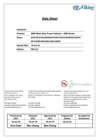 Viking Tech SMA Series SMD Metal Alloy Power Inductor Datasheet