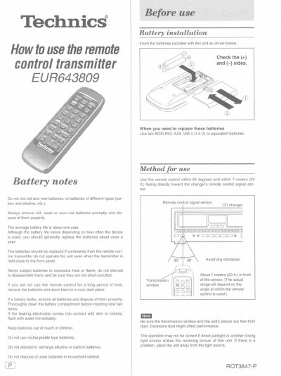 Technics EUR643809 Remote Control Transmitter User Manual - cover page