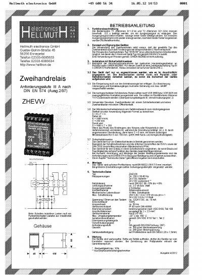Hellmuth electronics ZHEVW Two-Hand Relay Operating Instructions - cover page