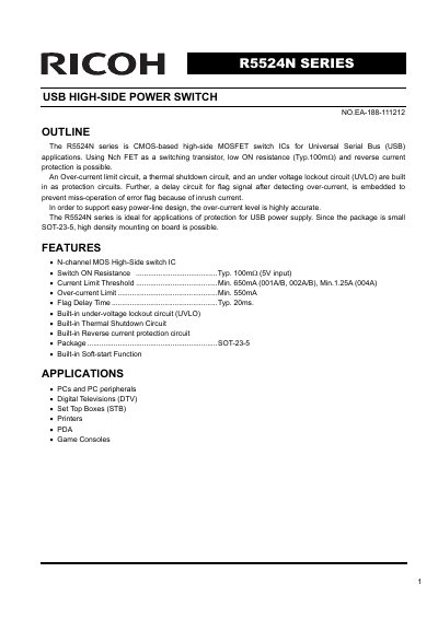 Ricoh R5524N Series USB High-Side Power Switch Datasheet