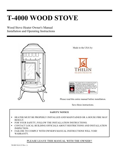 Thelin T-4000 Wood Stove Heater Owner's Manual - cover page