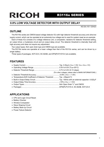 Ricoh R3116x Series 0.8% Low Voltage Detector Datasheet - cover page
