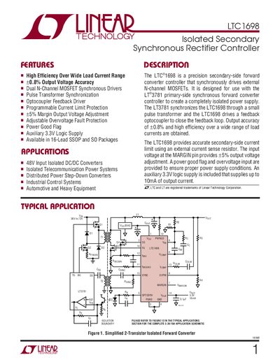 Linear Technology LTC1698 Isolated Secondary Synchronous Rectifier Controller Datasheet - cover page