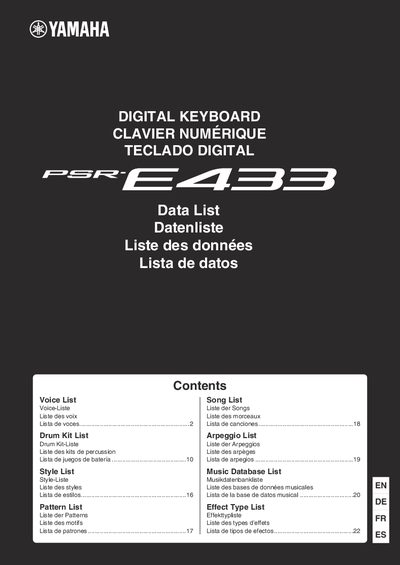 Yamaha PSR-E433 Digital Keyboard Owner's Guide - cover page