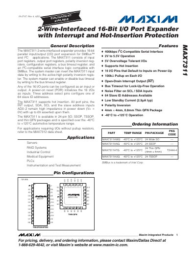 Maxim MAX7311 16-Bit I/O Port Expander Datasheet - cover page