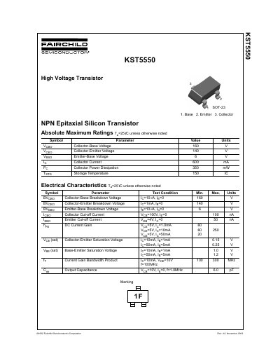 Fairchild KST5550 NPN Transistor Datasheet - cover page
