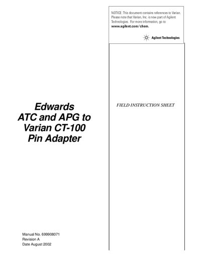 Agilent Technologies Edwards ATC APG to Varian CT-100 Pin Adapter Field Instruction Sheet - cover page