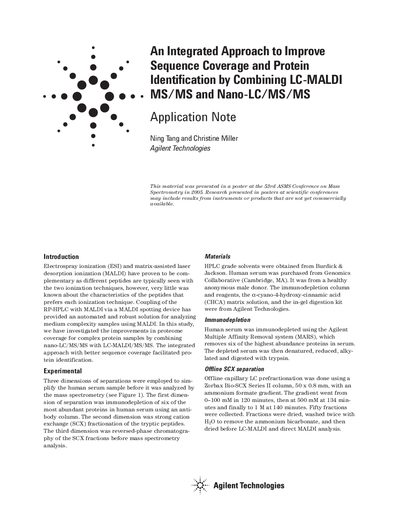 Agilent Application Note: Improving Sequence Coverage by Combining LC-MALDI and Nano-LC/MS/MS - cover page