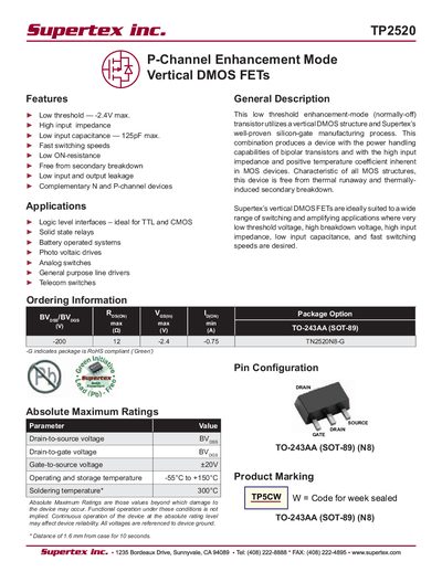Supertex TP2520 P-Channel Enhancement Mode Vertical DMOS FET Datasheet - cover page