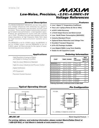 MAXIM MAX6225/MAX6241/MAX6250 Low-Noise Precision +2.5V/+4.096V/+5V Voltage References handbook - cover page