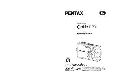 pentax digital camera optio E70 operating manual - cover page