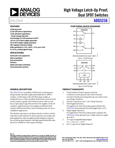 Analog Devices ADG5236 Dual SPDT Switch Datasheet - cover page