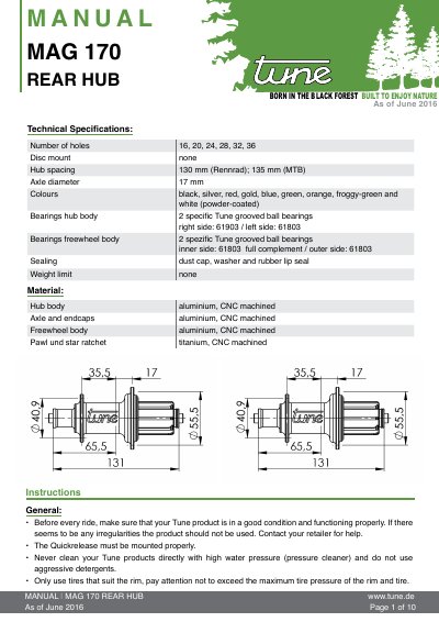 Tune MAG 170 Rear Hub Service Manual - cover page