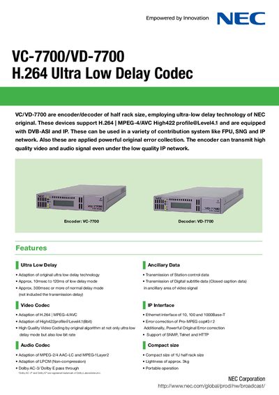 NEC VC-7700/VD-7700 H.264 Ultra Low Delay Codec User Manual - cover page