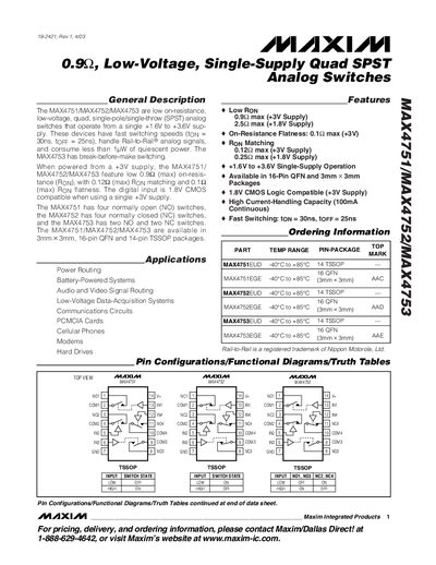 Maxim MAX4751/MAX4752/MAX4753 Quad SPST Analog Switches Datasheet - cover page