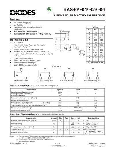 Diodes BAS40 Series Schottky Barrier Diode Datasheet - cover page