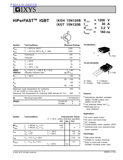 IXYS IXGH 15N120B/IXGT 15N120B IGBT Datasheet - cover page