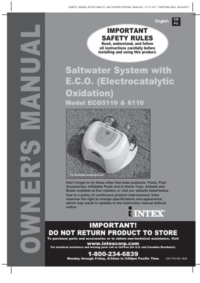 Intex ECO5110 & 6110 Saltwater System Owner's Manual cover