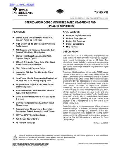 Texas Instruments TLV320AIC28 Stereo Audio Codec Datasheet - cover page