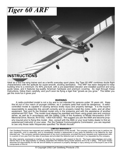 Carl Goldberg Products Tiger 60 ARF Instructions - cover page