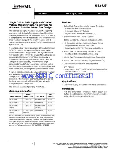 Intersil ISL6425 LNB Supply and Control Voltage Regulator Datasheet - cover page