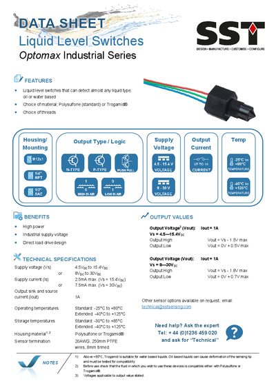 SST Sensing Optomax Industrial Series Liquid Level Switches Datasheet - cover page