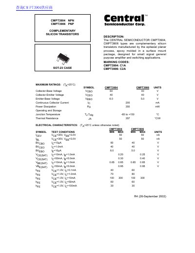 Central Semiconductor CMPT3904/CMPT3906 Silicon Transistors Datasheet - cover page