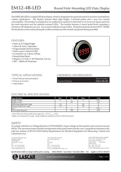Lascar EM32-4B-LED Round Hole Mounting LED Data Display Manual - cover page