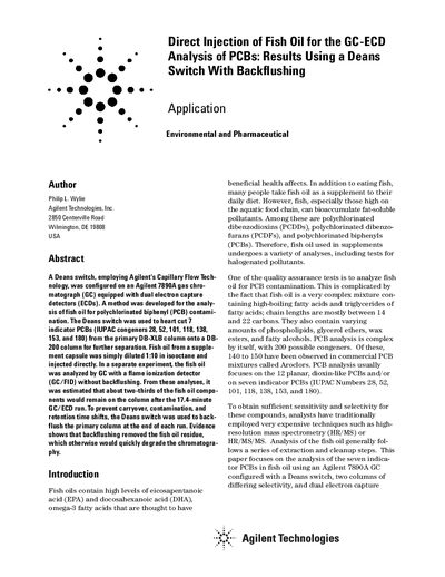 Agilent 7890A GC Direct Injection Fish Oil PCB Analysis Application Note - cover page