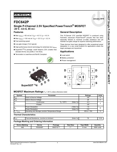 Fairchild FDC642P Single P-Channel MOSFET Datasheet - cover page