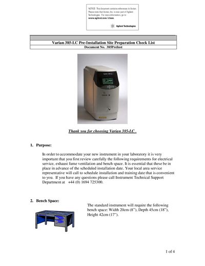 Agilent 385-LC Pre-Installation Site Preparation Checklist - cover page