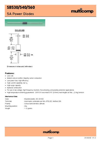 Multicomp SB530/540/560 Power Diode Datasheet - cover page