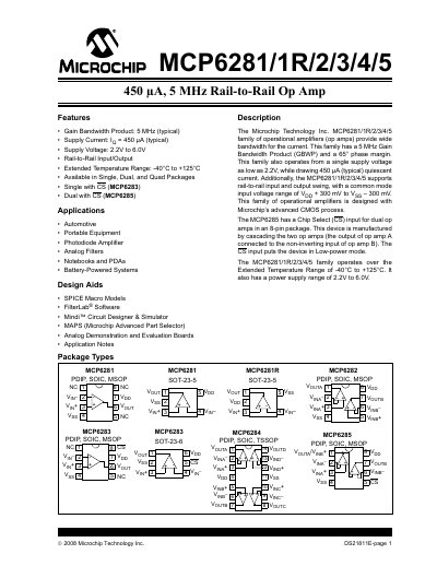 Microchip MCP6281/1R/2/3/4/5 Datasheet - cover page