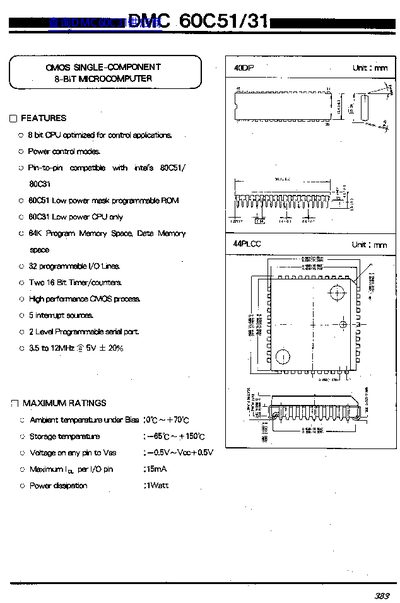 DMC 60C51/31 Single-Component Microcomputer Datasheet - cover page