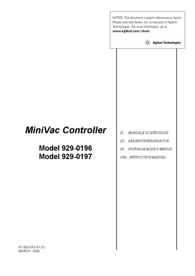 Agilent MiniVac Controller 929-0196/9197 User Manual - cover page